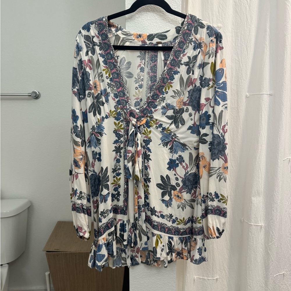 Free People Cream and Blue Tie Front Ruffled Blouse